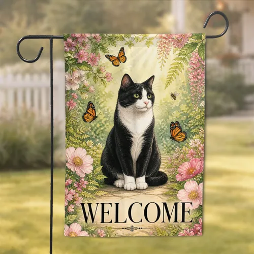Tuxedo Cat Spring Porch Decor Welcome Sign for Rustic Home, Patio, and Entryway Garden Flag