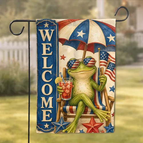 Patriotic Frog Welcome Decor For Summer Porch, Beach Chair Americana Home Accent Garden Flag