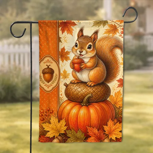 Autumn Squirrel With Acorn On Pumpkin Welcome Decor For Porch, Front Yard Home Style Garden Flag