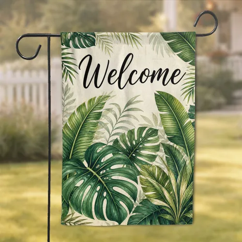 Welcome Monstera Leaf Porch Decor for Coastal Tropical Home Entrances and Gardens Garden Flag