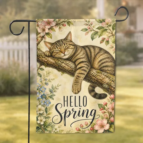 Sleeping Tabby Cat on Blooming Spring Porch Decor for Peaceful Cottage Style Homes Garden Flag