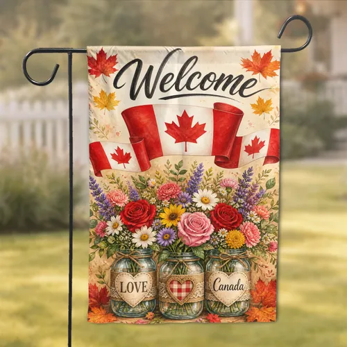 Canada Day Welcome Sign With Floral Maple Bouquet And Maple Ribbons For Yard Decor Garden Flag
