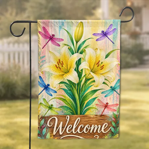 Welcome Yellow Lily Dragonfly Porch Decor for Spring and Summer Outdoor Spaces Home Garden Flag