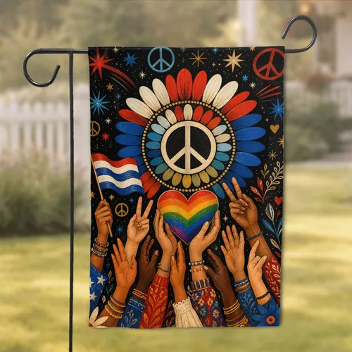 Rainbow Unity Medallion with Raised Hands for Inclusive Yard Decor and Activist Homes Garden Flag