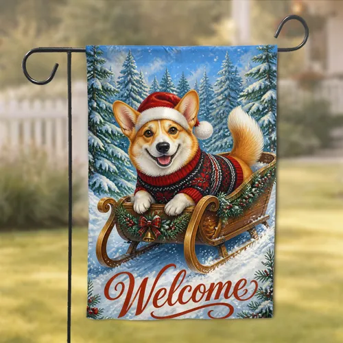 Cheerful Corgi in Sleigh Winter Porch Accent for Dog Lovers and Holiday Homes Display Garden Flag