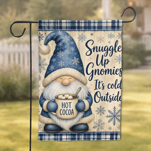 Blue Gnome Winter Cocoa Holiday Porch Accent for Cozy Farmhouse Homes And Front Entry Garden Flag