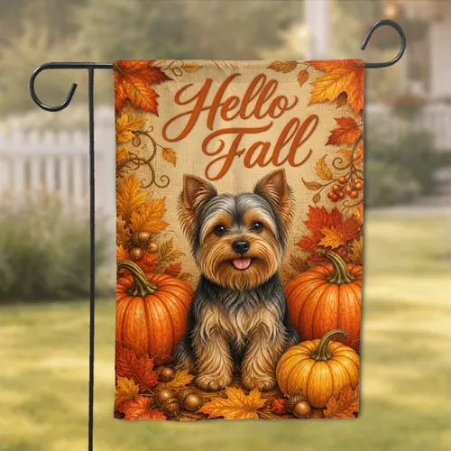 Autumn Yorkie Hello Fall Porch Decor With Pumpkins And Leaves For Dog Lovers Home Garden Flag