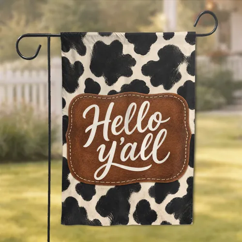 Hello Y'all Cowhide Porch Decor for Farmhouse Patios and Rustic Western Homes Entryways Garden Flag