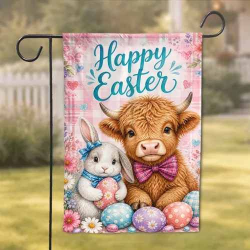 Happy Easter Highland Cow and Bunny Spring Porch Decor for Home, Patio, and Yard Garden Flag