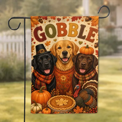 Three Happy Dogs With Gobble Thanksgiving Decor for Fall Harvest Homes Garden Flag
