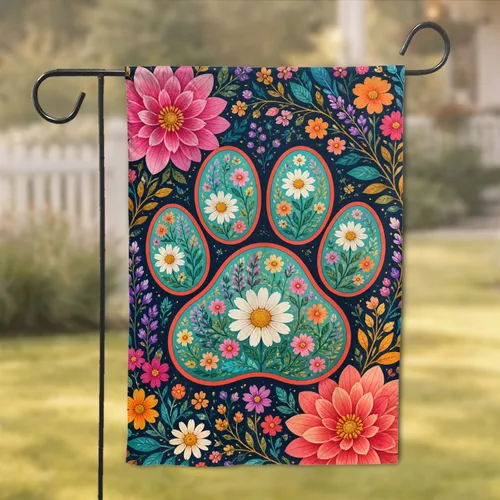 Floral Paw Emblem Porch Charm For Pet Lovers And Cottage Homes With Coastal Colors Garden Flag