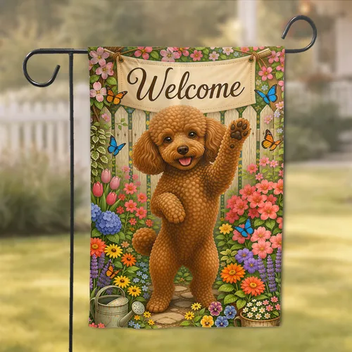 Welcome Brown Poodle With Butterflies for Spring Porch and Garden Decor Lovers Home Garden Flag