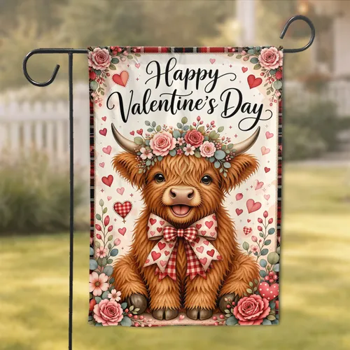 Happy Valentine's Day Highland Cow with Floral Crown and Tartan Border for Porch Decor Garden Flag