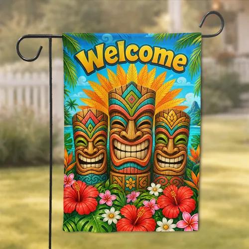 Tropical Tiki Welcome Porch Decor For Hawaiian Luau Parties, Summer Patio Home Hosts Garden Flag