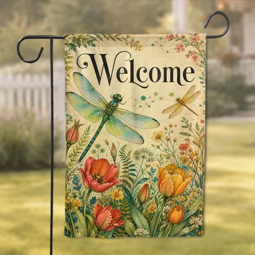 Welcome Dragonfly Tulip Spring Porch Decor For Country Farmhouse Outdoor Charm Accent Garden Flag
