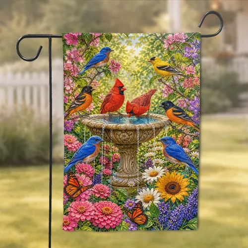 Bird Bath Songbirds and Butterflies Spring Porch Decor for Bird Lovers and Patios Garden Flag