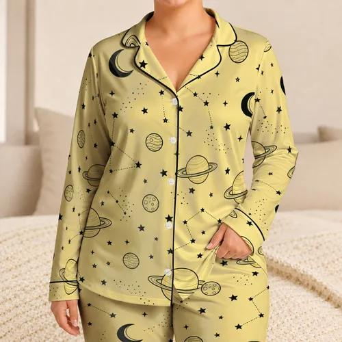 Retro Crescent Moons Ringed Planets And Stars For Cozy Nighttime Lounging At Home Women Satin Pajamas Set