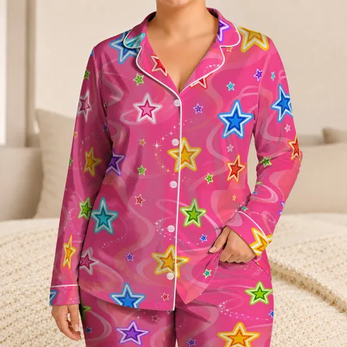 Colorful Neon Outline Stars on Raspberry Y2K Swirls for Sleepovers and Lounging Satin Pajamas Set