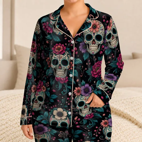 Gothic Sugar Skull Florals For Dark Romance Nights And Alternative Style Enthusiasts Satin Pajamas Set