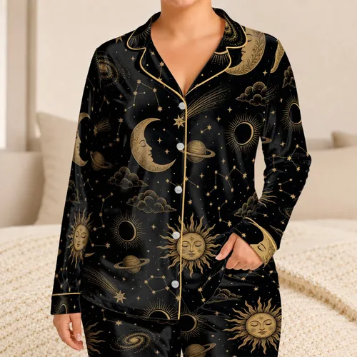 Vintage Celestial Moon And Sun Night Sky For Cozy Bedtime And Relaxed Lounging Women Satin Pajamas Set