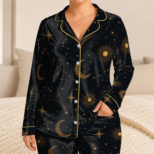 Golden Crescent Moon And Compass Star Night Sky For Cozy Relaxing Evenings Satin Pajamas Set