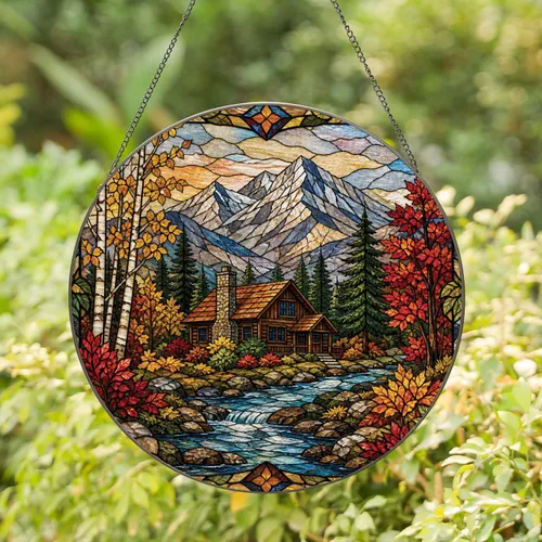 Rustic Mountain Cabin And Autumn Stream For Cozy Lodge Home Window Accent Decor Gift Stained Glass Suncatcher