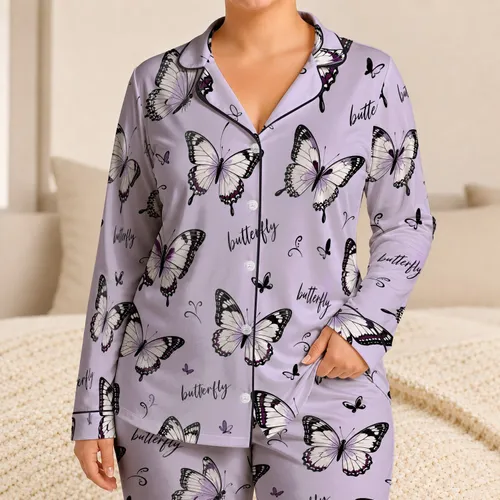 Lavender Butterflies With Handwritten Lettering For Relaxed Summer Lounging Women Satin Pajamas Set