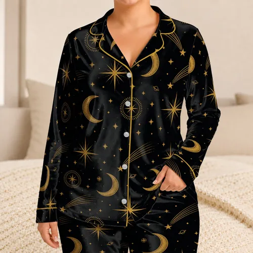 Vintage Celestial Moon And Gold Star Motifs For Women’s Nighttime Home Relaxation Satin Pajamas Set