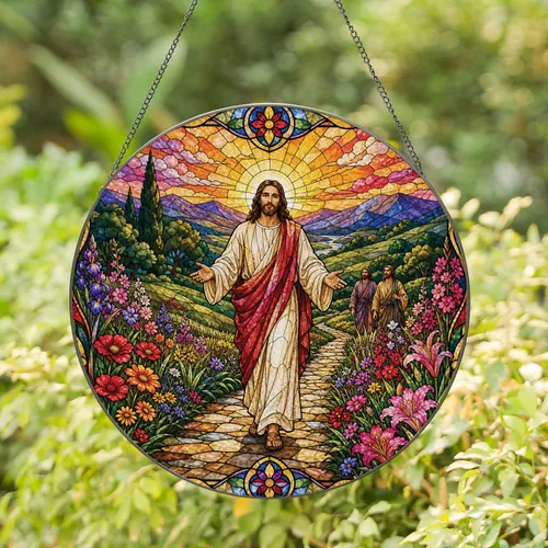 Serene Jesus Stained Glass Sunrise Window Decor for Faithful Homes and Wall Gifts Stained Glass Suncatcher