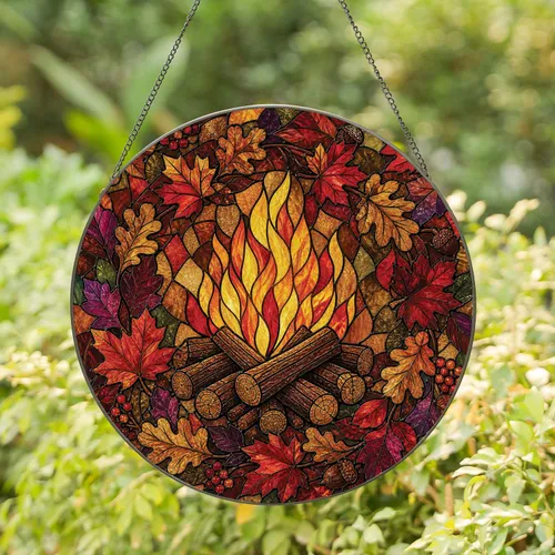 Autumn Campfire Stained Glass Window Accent for Cozy Cabin Decor and Gift Giving Stained Glass Suncatcher