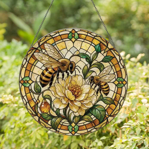 Honeybee and Blossom Stained Glass Wall Accent for Spring Home Decor, Gift for Bee Lovers Stained Glass Suncatcher