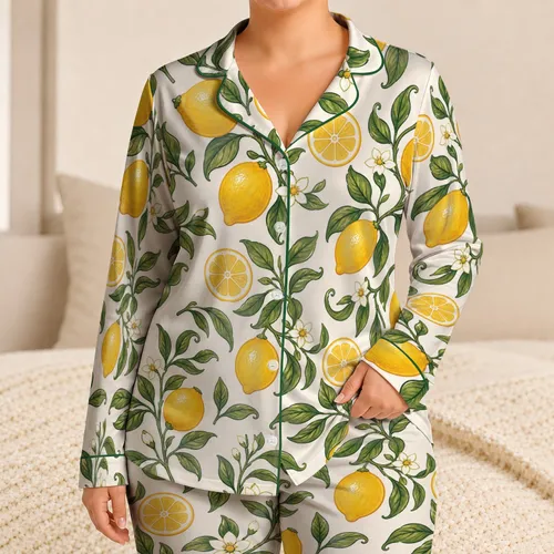 Yellow Lemon Blossom Botanical Citrus Motif for Women's Relaxed Summer Evening Lounging Satin Pajamas Set