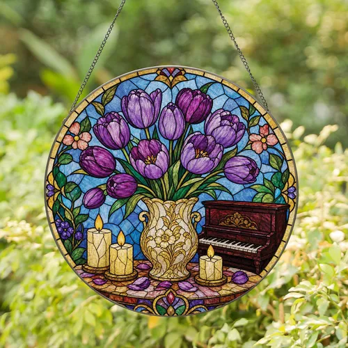 Purple Tulips and Piano Stained Glass Accent for Romantic Living Room Wall Decor Stained Glass Suncatcher