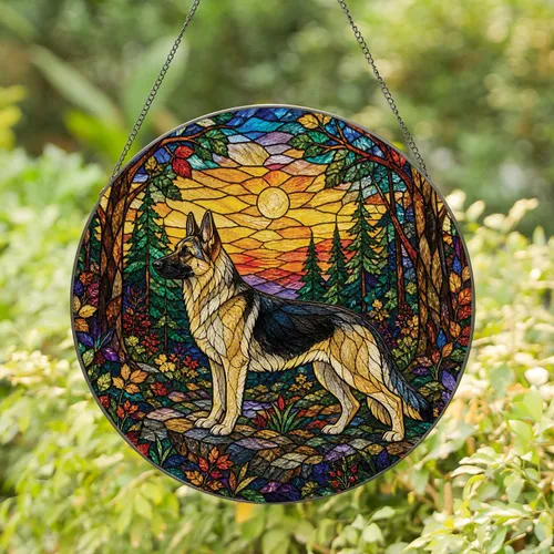 German Shepherd Stained Glass Window Decor For Dog Lovers Woodland Sunset Gift Idea Stained Glass Suncatcher