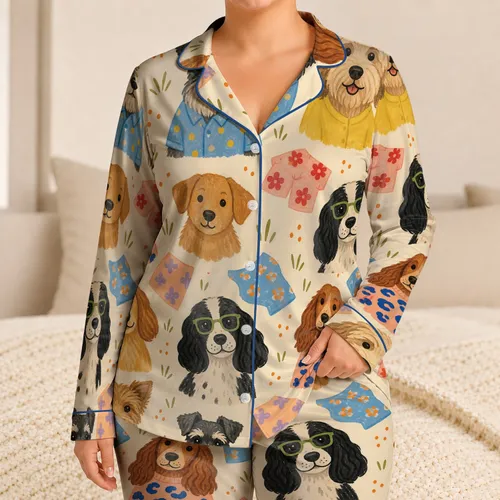 Whimsical Hand Painted Folk Dogs for Cozy Bedtime and Fun Weekend Lounging at Home Satin Pajamas Set