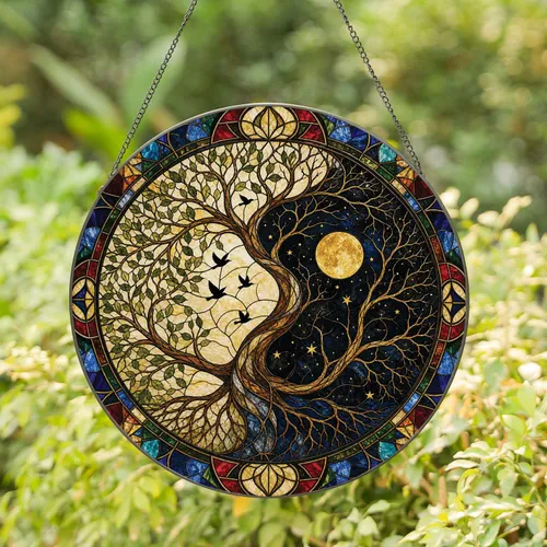 Yin Yang Tree Moon Bird Window Decor For Zen Homes, Cottages, Patios, And Gifts Stained Glass Suncatcher