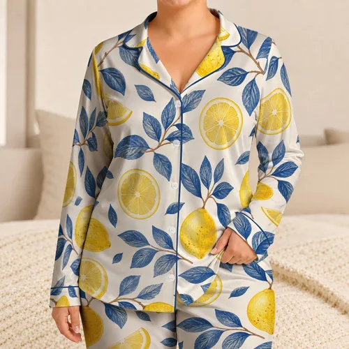 Golden Lemons And Indigo Leaves For Breezy Summer Everyday Home Lounging For Women Satin Pajamas Set