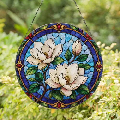Magnolia Bloom Stained Glass Window Accent For Porch, Home, Garden Gift Lovers, Nurseries Stained Glass Suncatcher