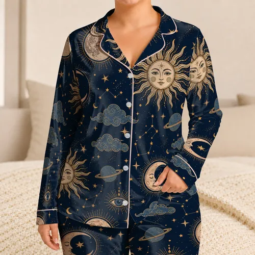 Vintage Celestial Sun Moon Stars For Astrology Lovers Relaxing At Home And Travel Satin Pajamas Set