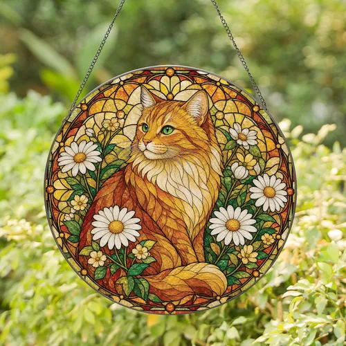Stained Glass Ginger Cat With Daisies Window Decor For Peaceful Home Gift Lovers Stained Glass Suncatcher
