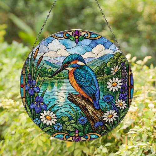 Kingfisher With River Bloom Window Accent for Cottage, Porch, Garden Home Decor Gift Stained Glass Suncatcher