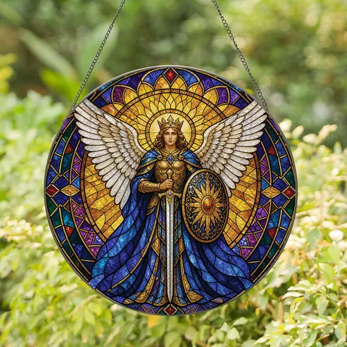 Crowned Angel Guardian Stained Glass Panel for Prayer Room and Sacred Home Display Stained Glass Suncatcher