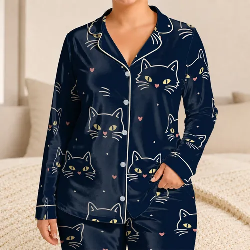 Sweet Midnight Navy Cat Faces And Hearts For Cozy Bedtime Lounging At Home For Women Satin Pajamas Set