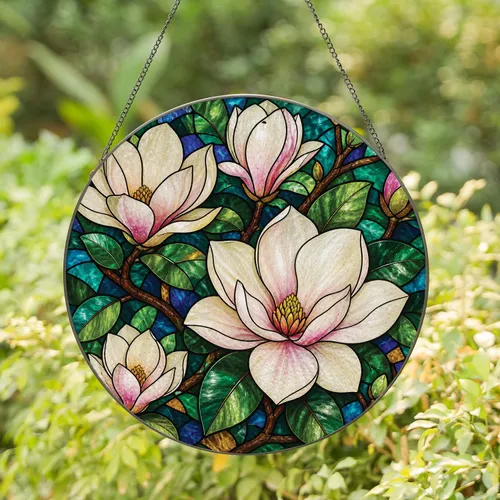 Magnolia Stained Glass Window Accent for Spring Garden Rooms and Elegant Home Decor Stained Glass Suncatcher
