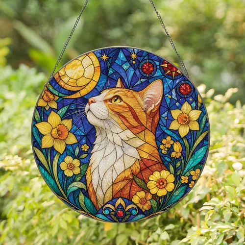 Ginger Tabby Cat Moonlight Stained Glass Accent for Cozy Home Decor and Cat Lovers Stained Glass Suncatcher