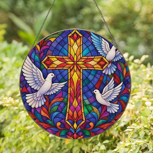 Tiffany Style Cross With Doves for Prayer Room Decor, Chapel Wall, and Faith Gift Stained Glass Suncatcher