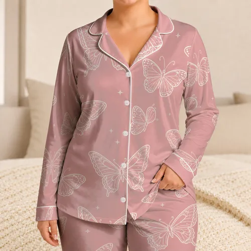 Elegant White Line Butterflies On Dusty Blush Pink For Cozy Bedtime Style Women Satin Pajamas Set