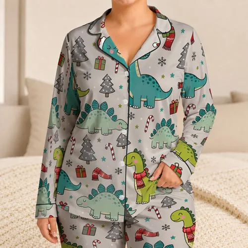 Cheerful Christmas Dinosaur Santa Hat And Scarf Winter Relaxing Cozy Gift For Women Satin Pajamas Set