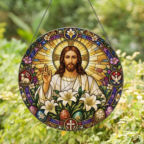 Christ Easter Window Accent with Lilies, Eggs, and Halo for Faithful Home Display Stained Glass Suncatcher