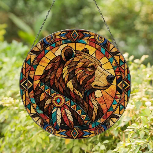 Tribal Bear Stained Glass Wall Decor for Autumn Cabin and Boho Rustic Home Spaces Stained Glass Suncatcher